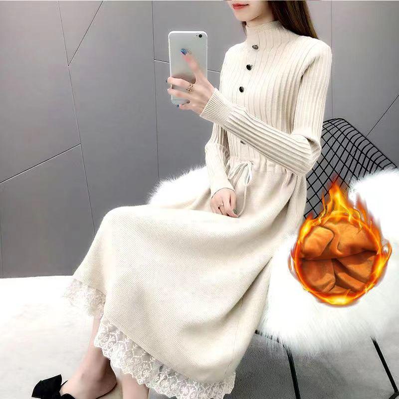 Women's Mid-Length Velvet Thick Knit Dress, Lace Loose Half-High Neck, Autumn/Winter 2025 Collection