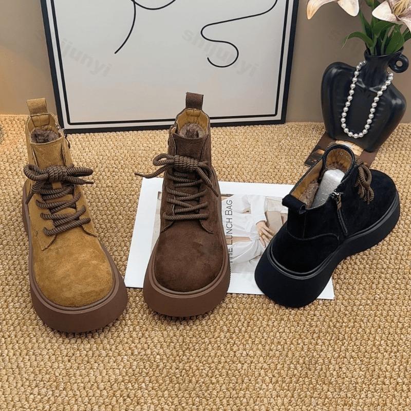 Women's High Top Snow Boots Winter Fashion Side Zipper Cotton Shoes Comfortable Cross Tied Height Increase Short Boots