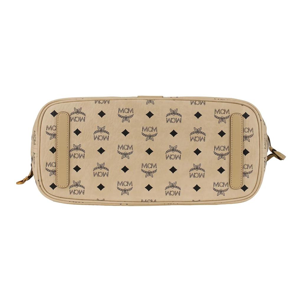 MCM Himmel Metal Logo Zipper Closure Coated Canvas with Leather Trim Crossbody Tote Bag Women's Style Brown