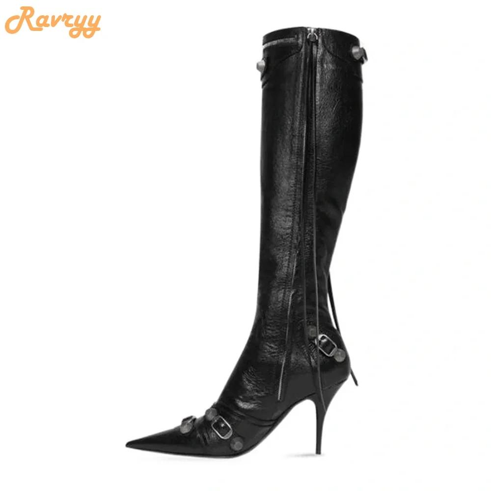 Fashion Women New Rivet Fringe Boots Metal Zipper Motorcycle Boots Belt Buckle Pointed Toe Knee High Shoes Aged-silver Studs Boots