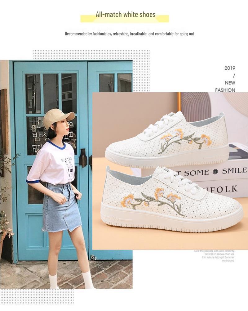Women's White Leather & Mesh Breathable Shoes - Soft Sole, Non-Slip, Korean Style for Spring/Summer