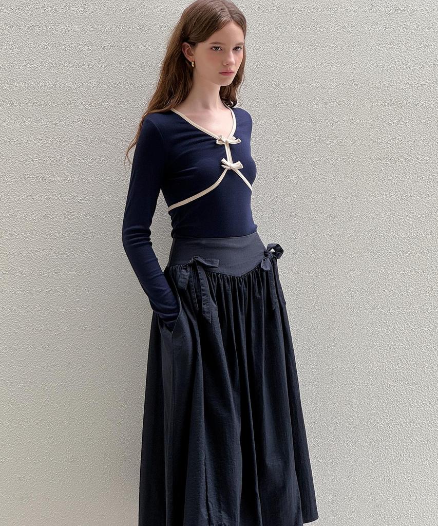 Rotre Domin Shirring Ribbon Navy Skirt