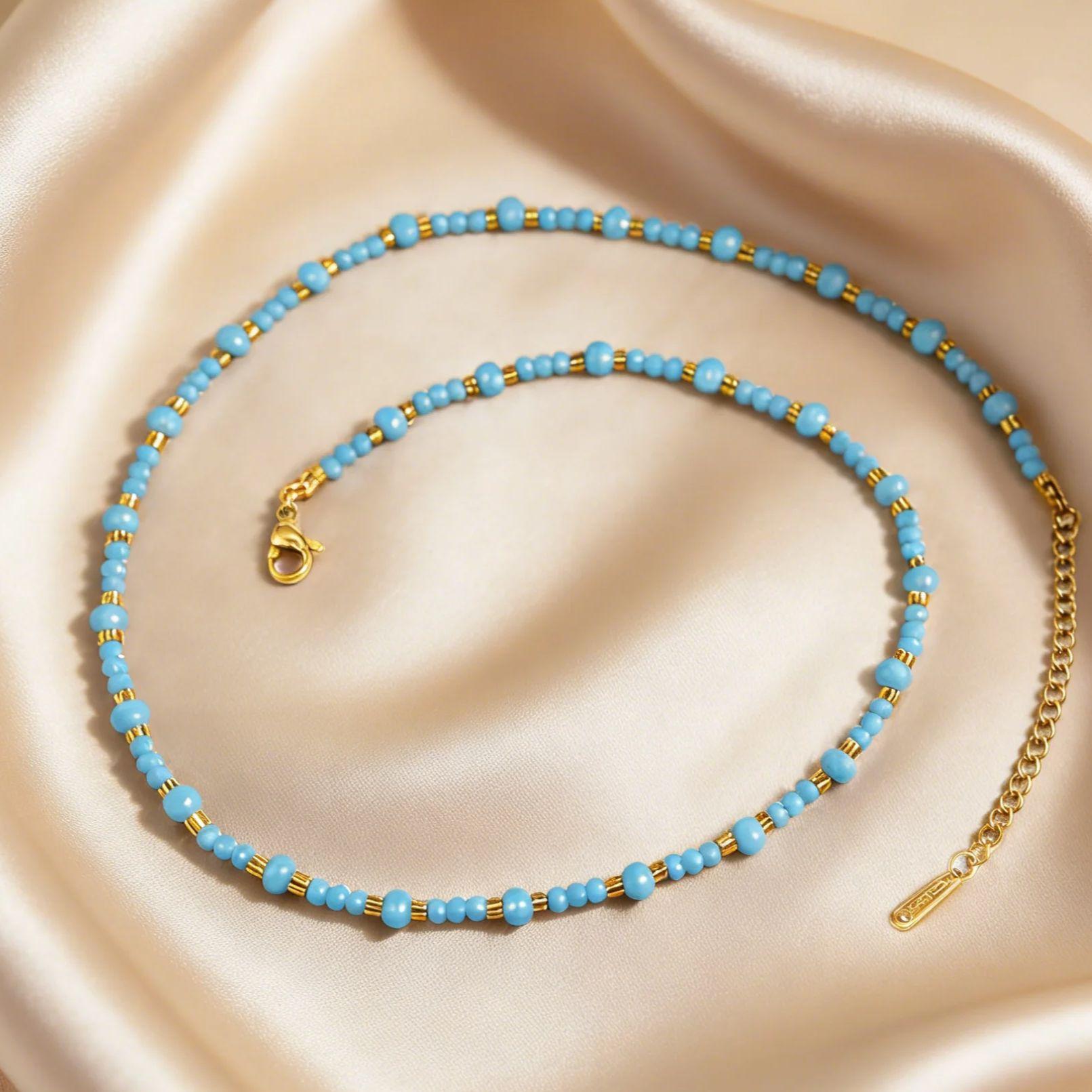 

Fashion Boho Blue Rice Bead Beads Necklace for Women, Stainless Steel Beaded Collar Necklace, Summer Jewelry Accessories Gifts