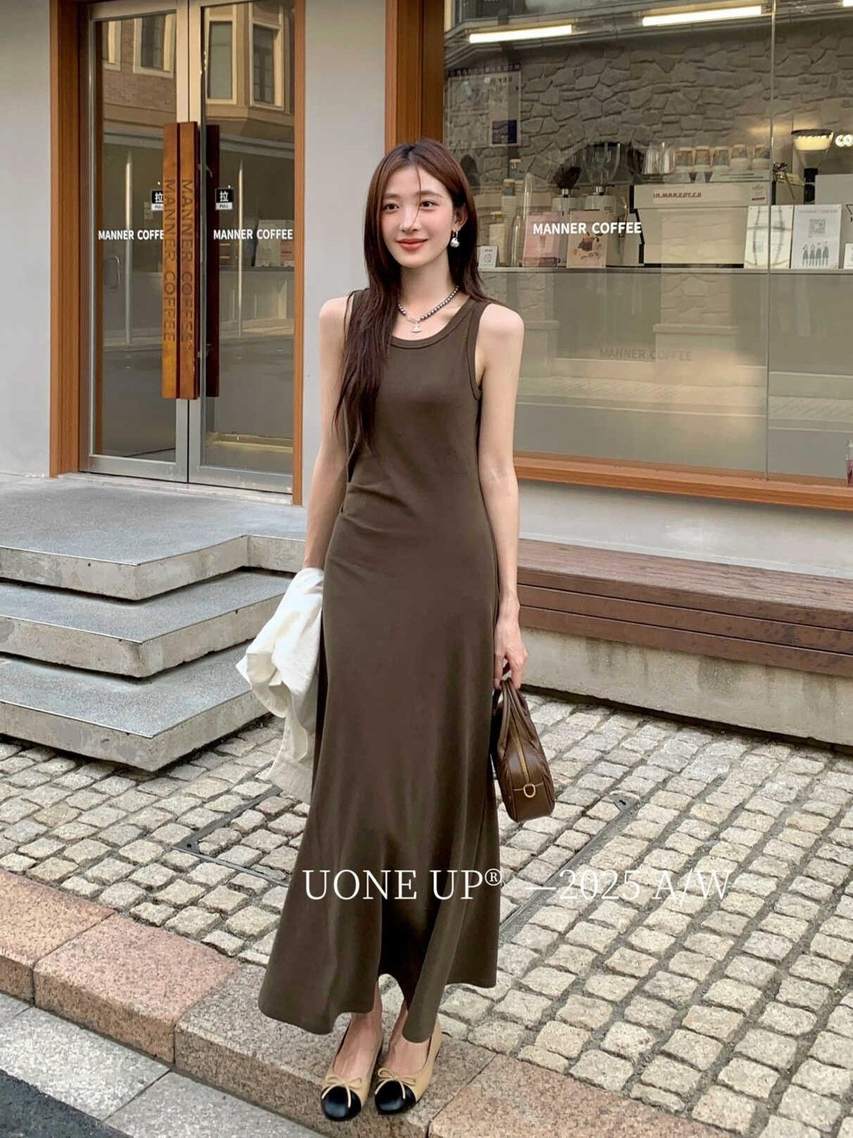 

UONE2025 Autumn French Casual Sleeveless Vest Dress for Women Medium кофейный