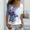 Fashion Women's Asymmetric V-neck T-shirt Spring and Summer Ladies 3D Short-sleeved Top