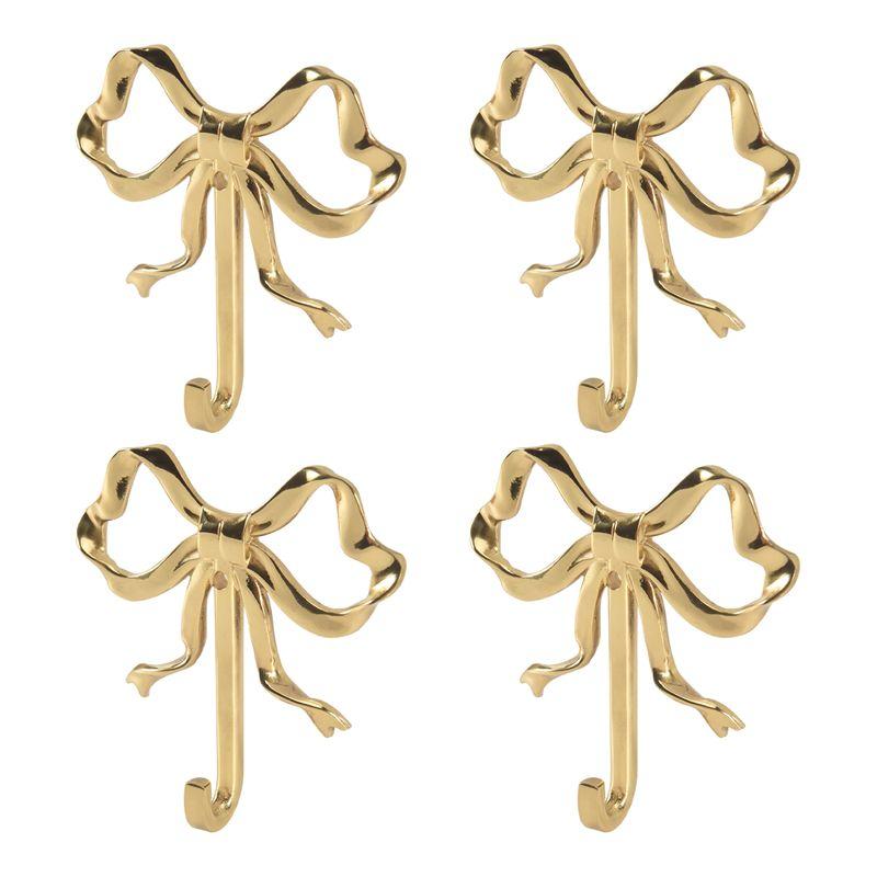 A84X-4 Pack Gold Bow-Knot Hooks Brass Bow Wall Hooks Door Hanger Towel Hooks For Home Bathroom Living Room Kitchen Decor