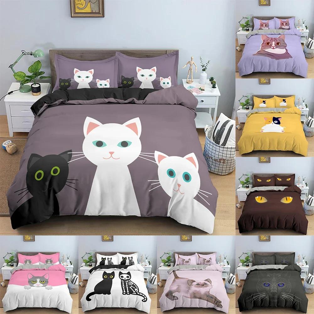 Cute Cat Pattern Comfortable Duvet Quilt Cover Pillowcase Bedding Set Children Bedroom Decoration Home Textile