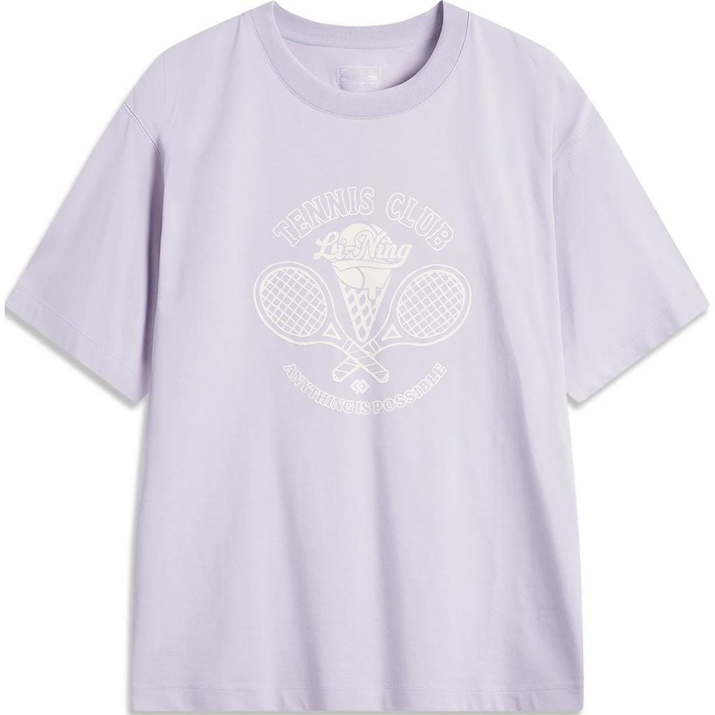 Li Ning Sports Lifestyle Series Printed Letter Round Neck Comfortable Breathable Loose Short Sleeve T-Shirt Women T-Shirt Sea-Salt-Purple AHSU526-3