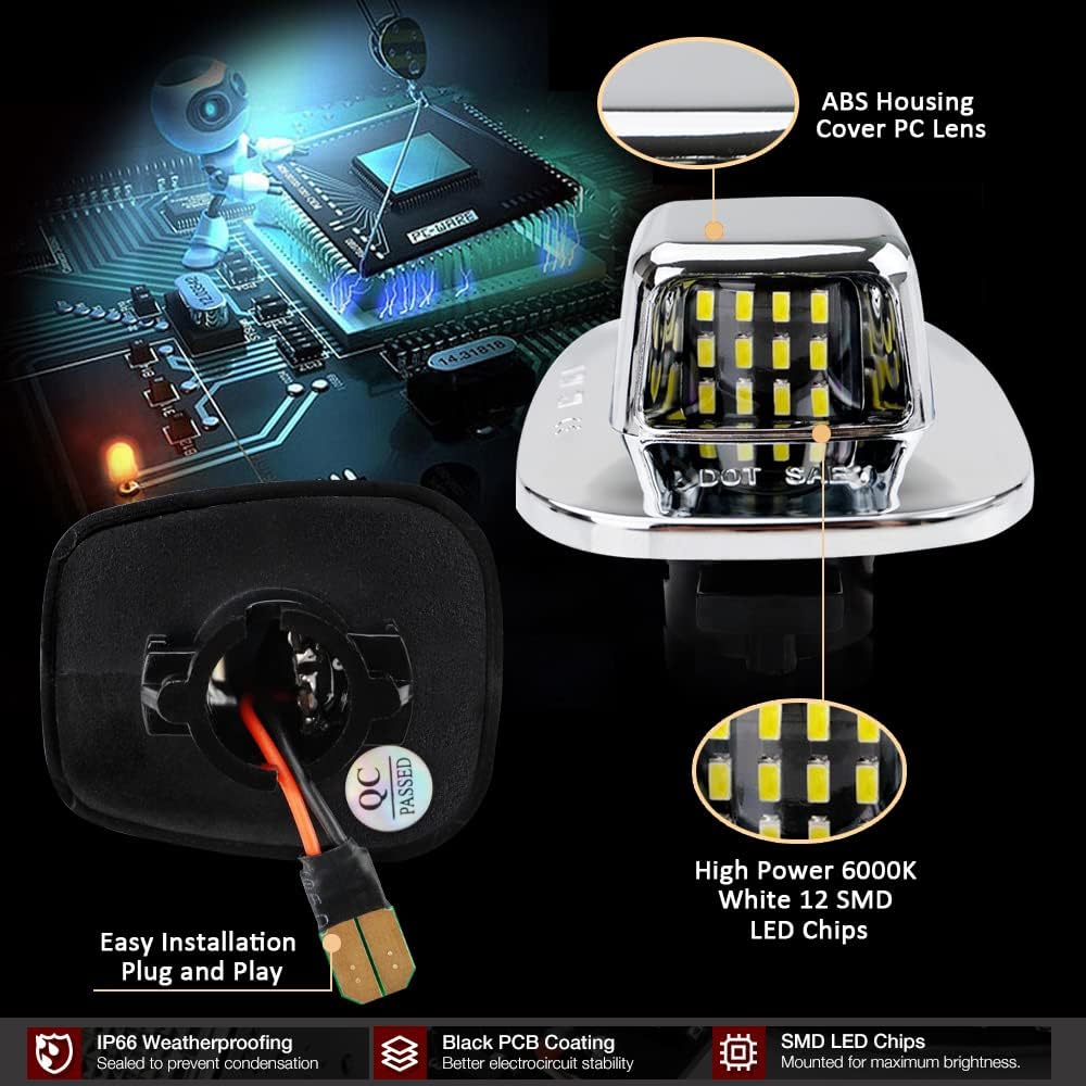 D-Lumina LED License Plate Light Tag Lamp Assembly Chrome Housing Compatible With 1988-1999 Chevy GMC Silverado Sierra C/K Series 1500 2500 3500