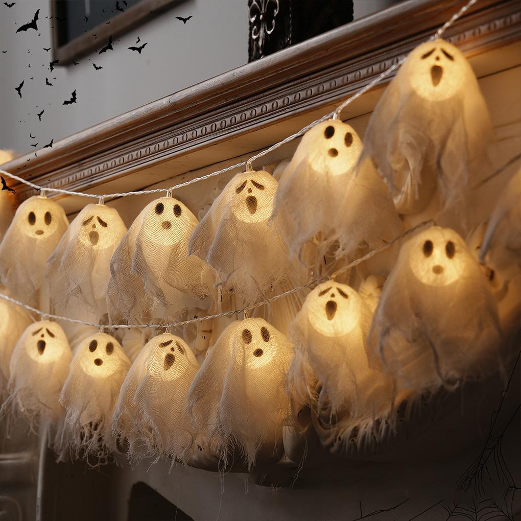 Leuchtende Geistergirlande 10/20 LED Batteriebetrieben Handgemachte Geister Lichterkette für Heimfenster Halloween Party Deko