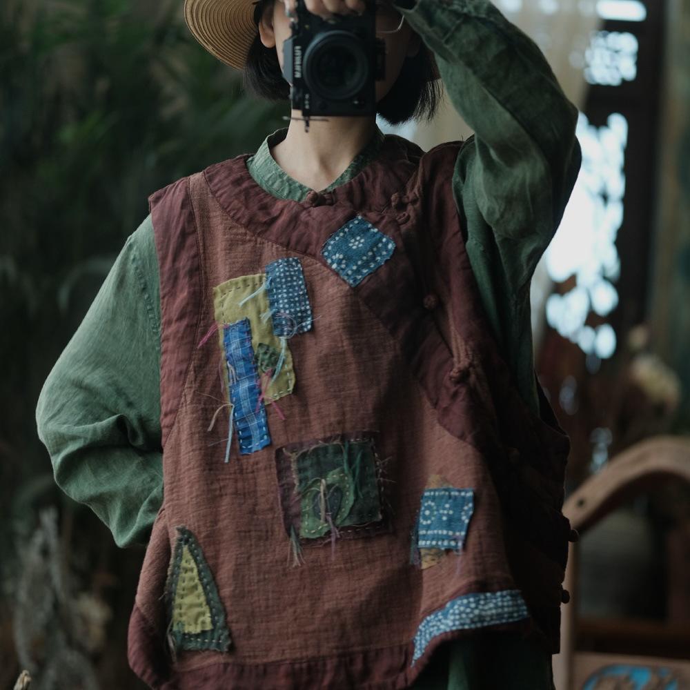 

Johnature Женские винтажные жилеты Лоскутные цветные пальто Осень Пуговицы О-образный вырез Без рукавов Свободные жилеты Пальто One Size коричневый