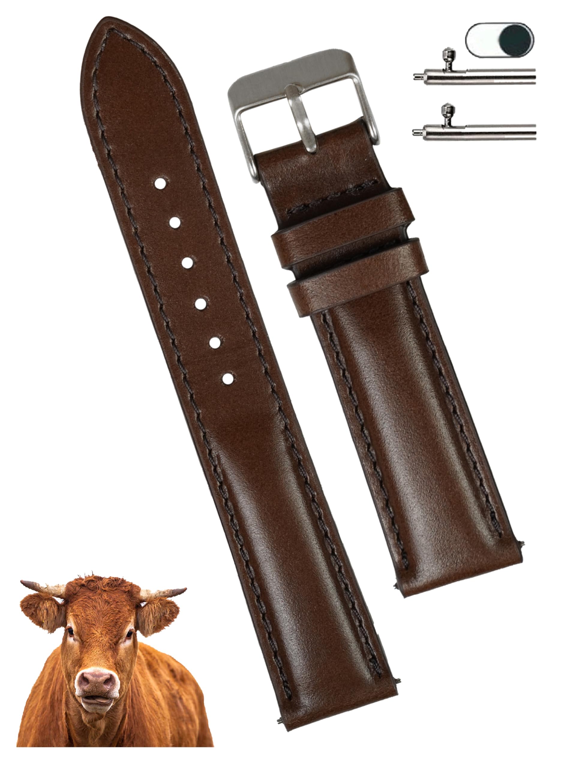 [vinacreations] Dark Brown 18mm Genuine Leather Watch Strap with Quick-Release Spring Bars, Men s Calf Leather Replacement Watch Band, Thick, with