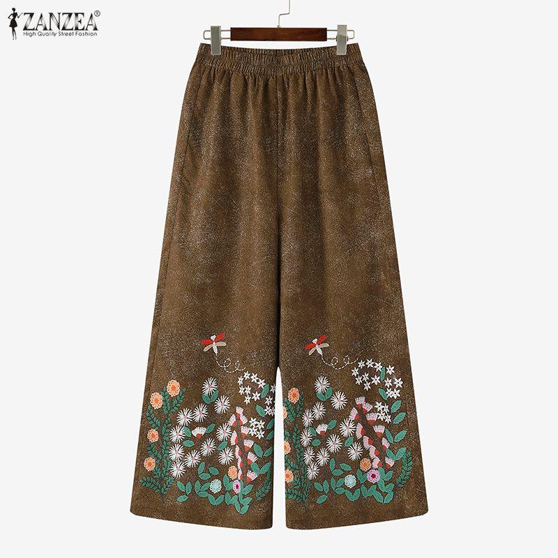 ZANZEA Dámské ležérní kalhoty s elastickým pasem, volné, s květinovým potiskem