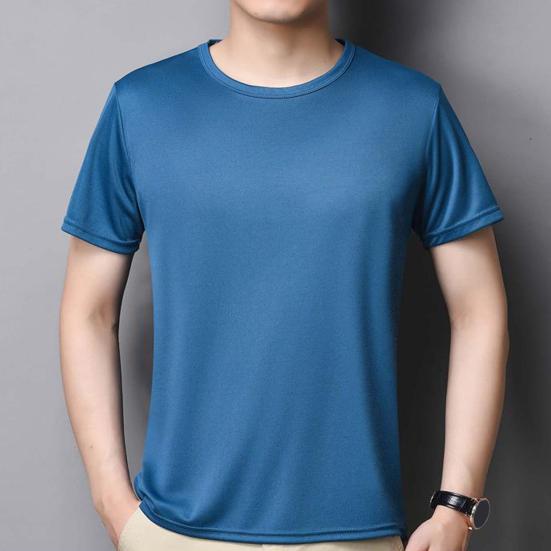 Summer Men Top Ice Silk Quick-drying Short Sleeves O Neck Loose Solid Color Thin Breathable Elastic Casual Pullover Daily Sport Top
