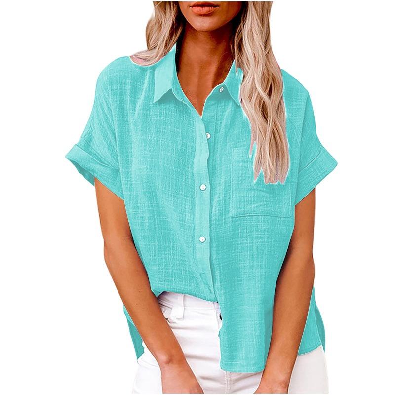 Fashion Short Sleeved Casual Women Summer Shirt Plus Size Elegant Lapel Casual Office Blouse Woman Loose Solid Color Women's Clothing