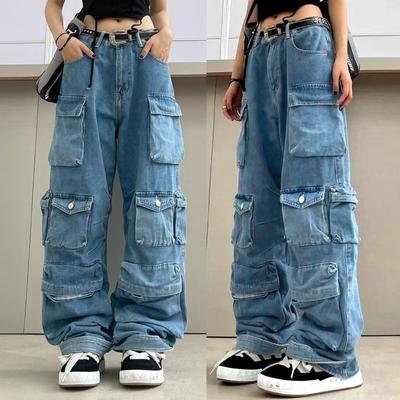 Women's Pants  Multi-Pocket Relaxed Fit Jeans Stretch Denim Pants With Pockets Trousers