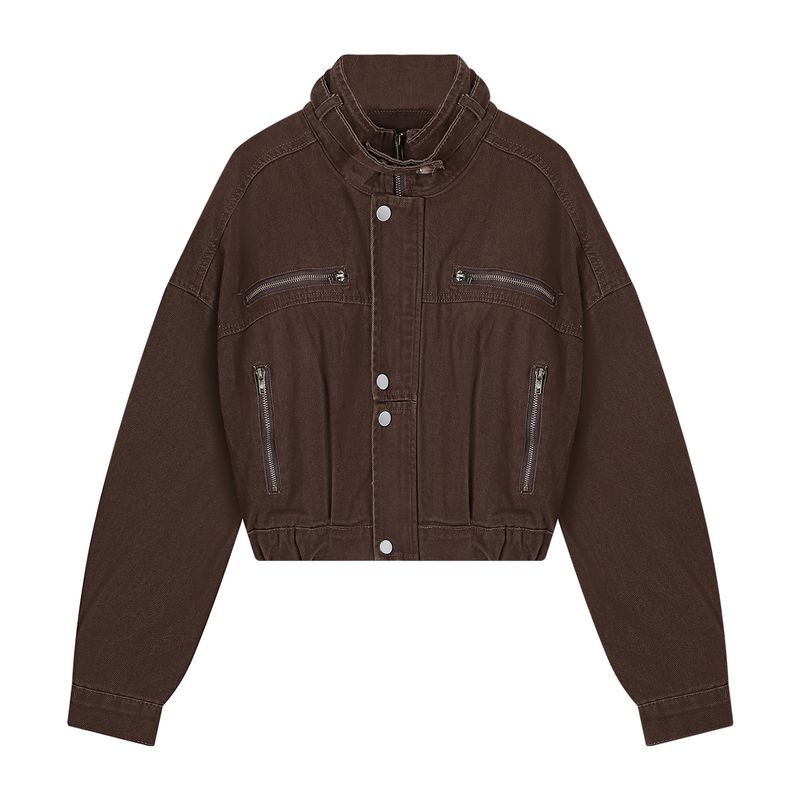 

American Style Sexy Stylish Stand Collar Long Sleeves Short Outwear Women Fall Retro Motorcycle Clothing Khaki Jacket Tops Brown S