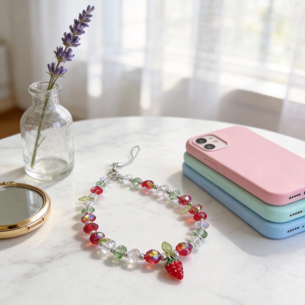 Strawberry Crystal Phone Lanyard With Handcrafted Beads For Girls And Women