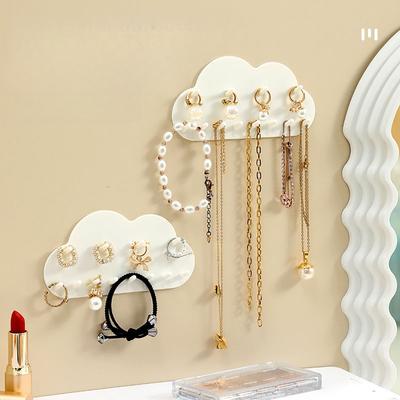 Organizador de Joyas de Pared con Forma de Nube con Ganchos para Llaves - Estante Exhibidor de Accesorios sin Perforaciones y Gabinete con Espejo