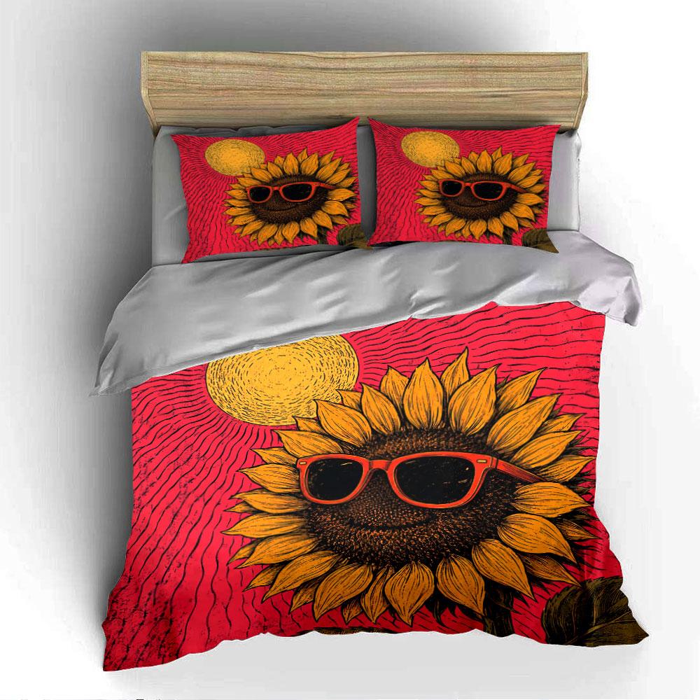 Sunflower with Sunglasses Design Bedding Duvet Cover Set Duvet Cover Pillowcases (1*Duvet Cover 2*Pillowcases, Without Duvet Insert)