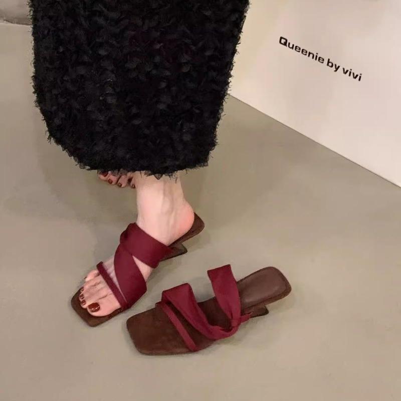 Summer New Fashion Versatile Niche Design Sense Retro Wedge Sandals Square Head Open-toed High-heeled Cool Slippers