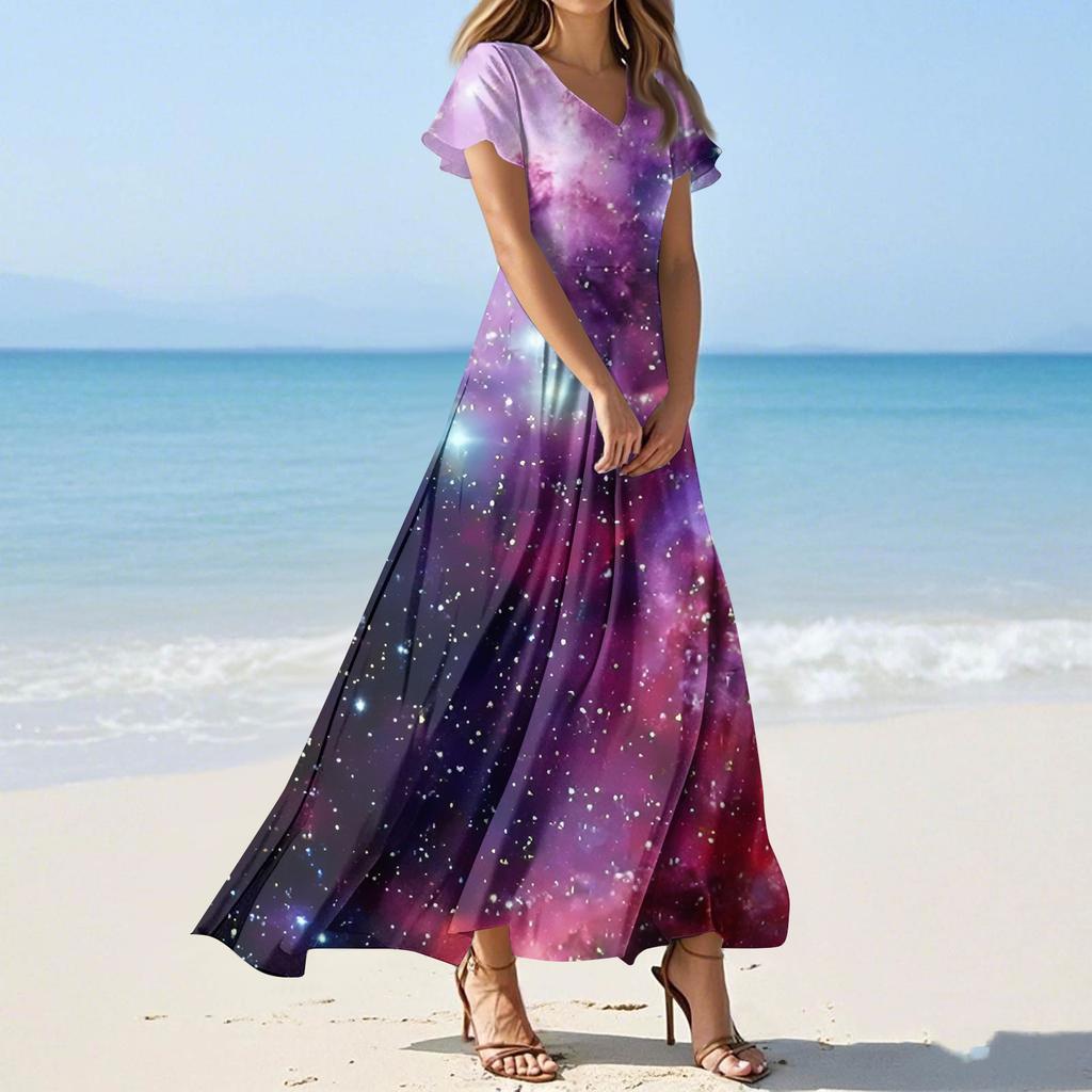 Women's Summer Casual Fashion -Print V-Neck Short-Sleeve Patchwork Dress