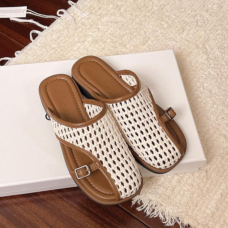 Woven bag head half slippers female oblique mouth 2025 summer new soft leather hollow breathable belt buckle non-slip retro sandals
