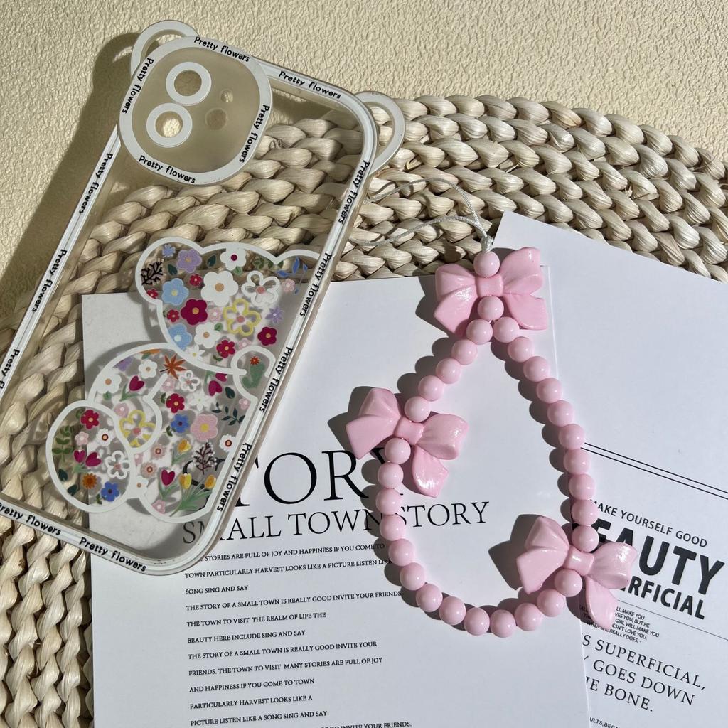 1Pc 3D Bowknot Phone Chain Acrylic Beaded Mobile Phone Pendant For Women Anti-Lost Phone Chain Hanging Jewelry Sweet Accessories