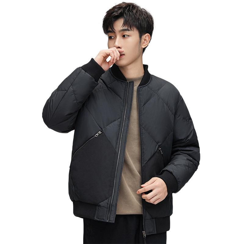 Down jacket men's winter style youth short solid color stand collar warm loose rhombus baseball jacket men's style