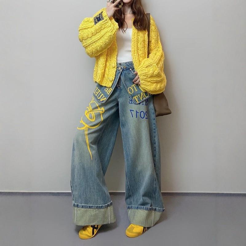 High-Waisted Wide-Leg Denim Pants Women With Overlap Waist Panel Print Streetwear Loose Fit 2025