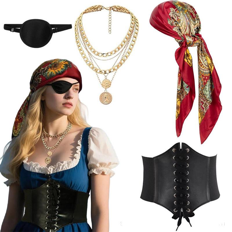 Ball Dress Up Set Cosplay Pirate Dress Up Accessories Headscarf Belt Necklace Bracelet Set Holiday Party Decoration Props
