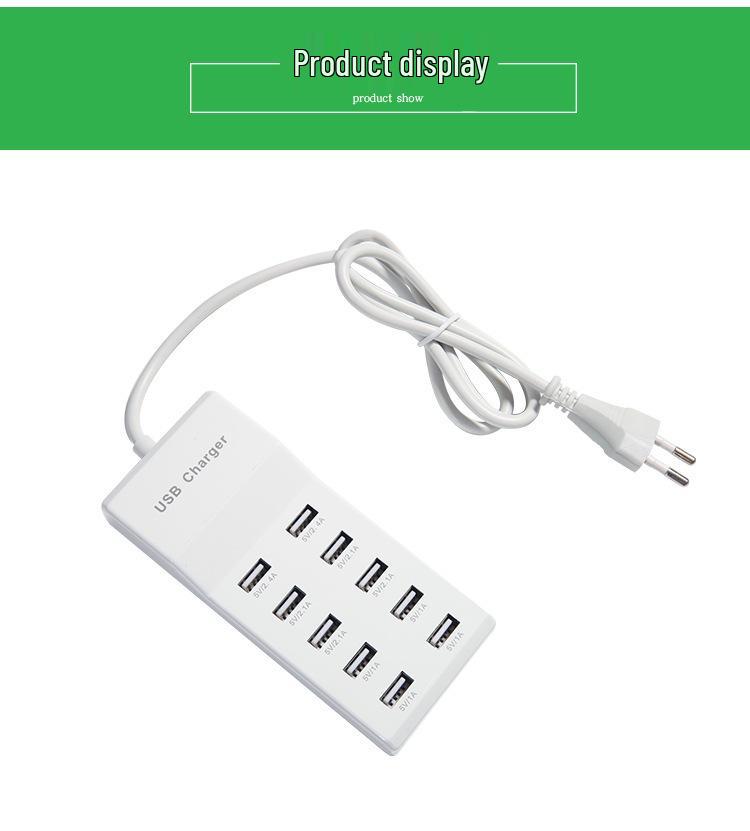10-Port USB Charger 5V2A Smart Fast Charging Hub for Apple and Xiaomi Devices