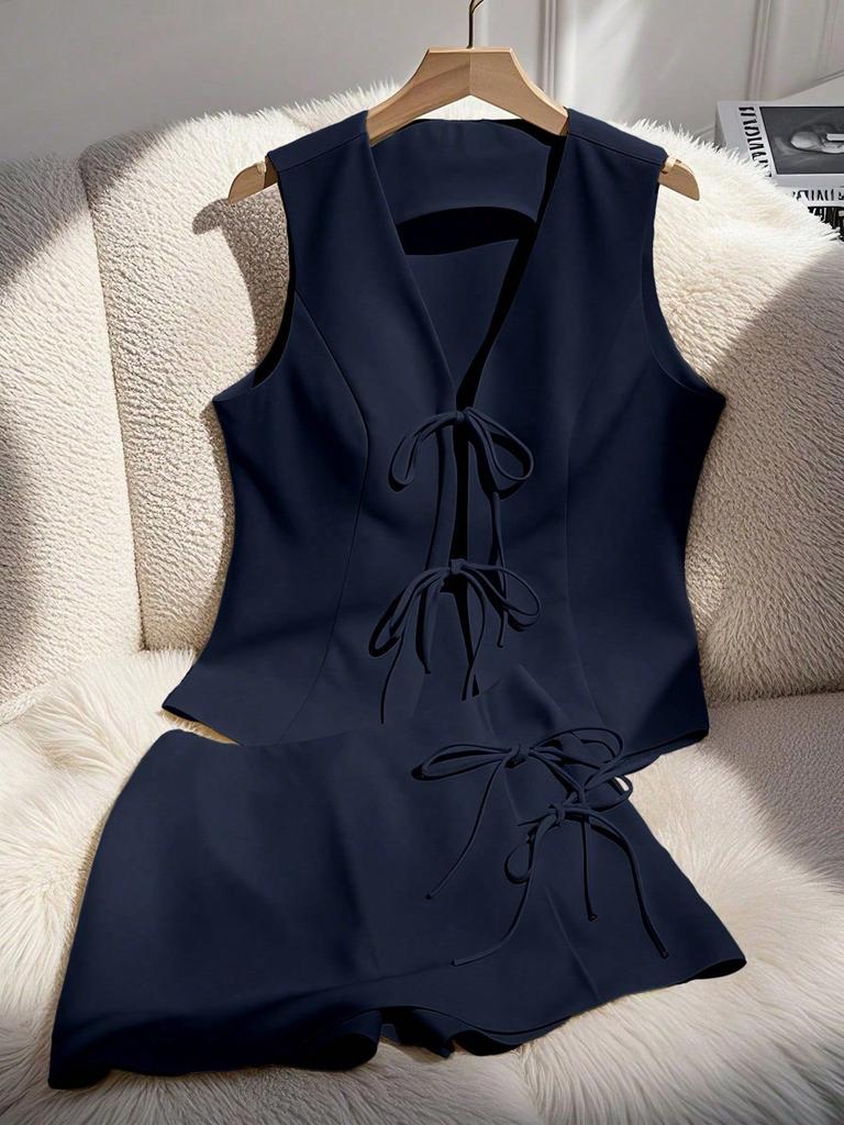 Women Sleeveless V Neck Backless Bow Tie Peplum Top High Waist Shorts Set Solid Color Casual Summer Two Piece Set