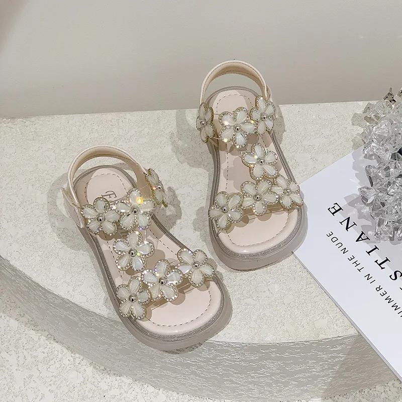 Luxury Crystal Floral Sandals Girls Transparent Pvc Strap Sandalias Baby Kids Brand Design Sole Summer Party Dress Shoes