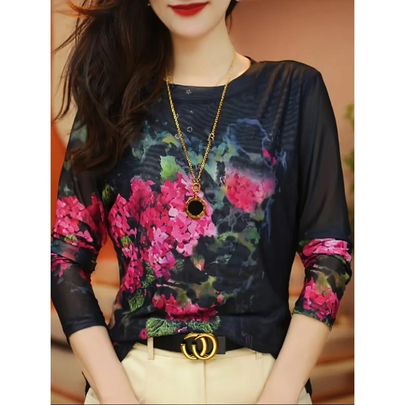 Elegant Floral Print T-Shirt for Women - Polyester Knit Fabric, Hollow Detail, Round Neck, Long Sleeve, Spring/Fall Collection