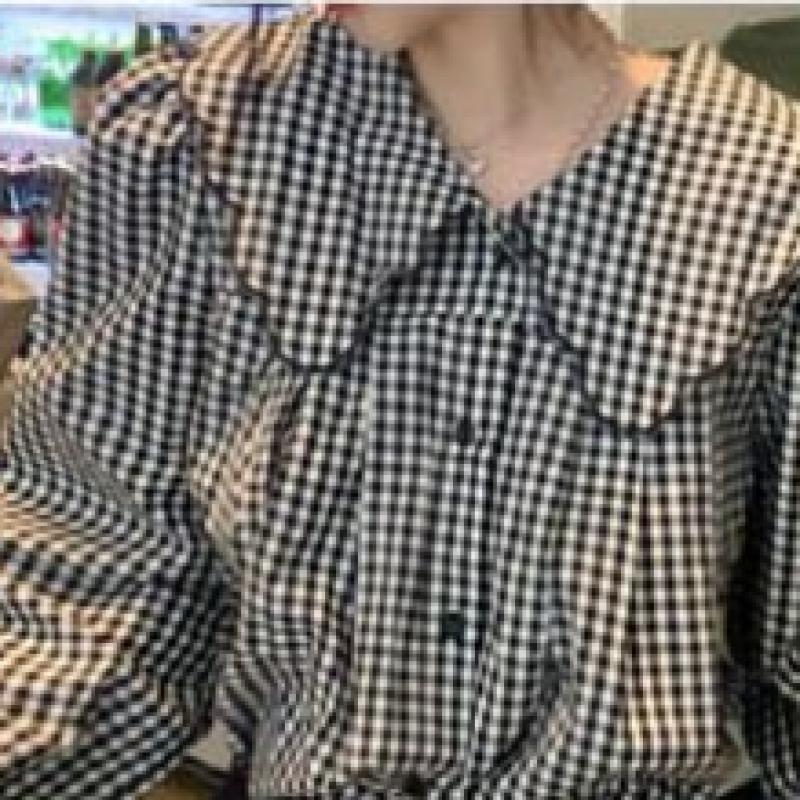 [Shop  ] Women S looSe Fit Delicate Fit Big Collar Check blouSe Won Wbl Wed3db4