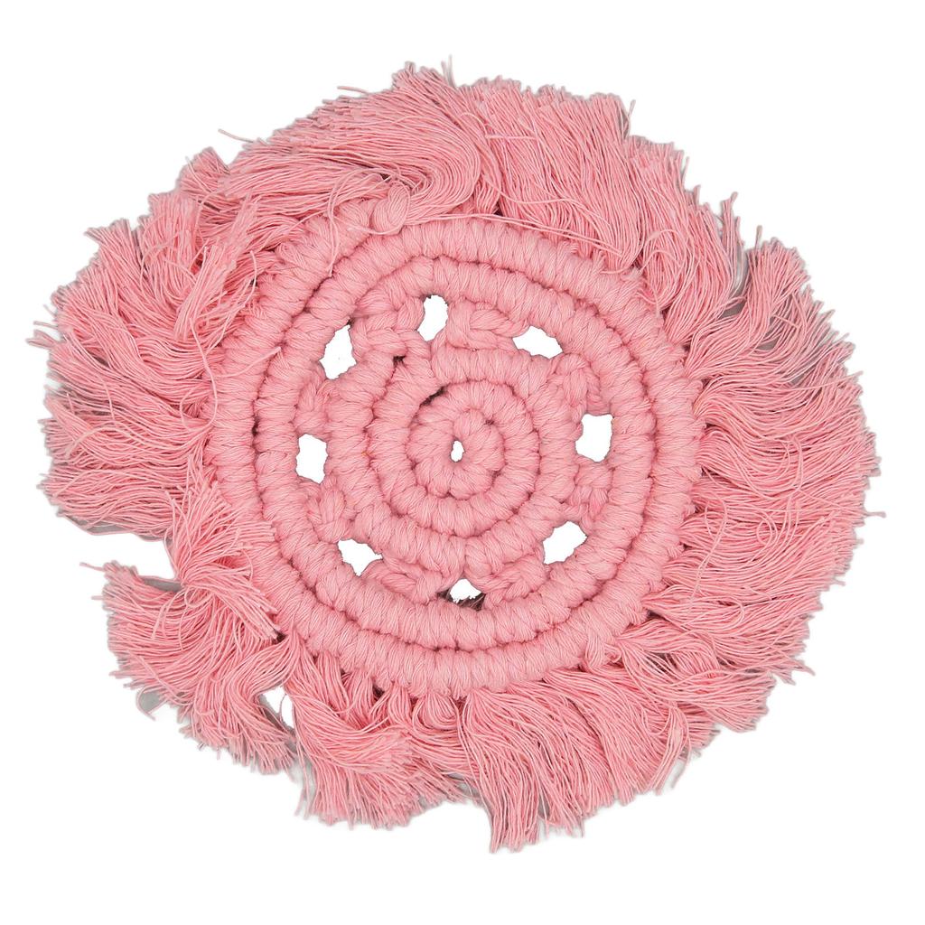 4pcs Cotton Thread Woven Drink Coasters with Tassel Round Pure Color Elegant Lipstick Pot Pads Mats