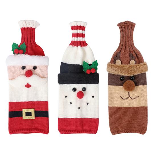 Christmas Wine Sweater Cover Handmade Knitted Cartoon Santa Snowman Reindeer Bottle Sleeve for Winter Dining Table Decoration