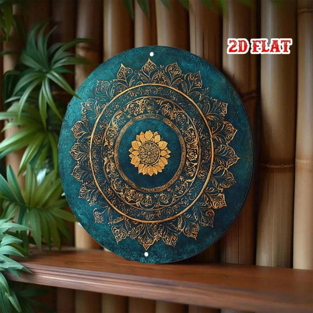 

Vintage Floral Metal Wall Art Golden Lotus Teal Round Tin Sign Decor 20x20 разноцветный