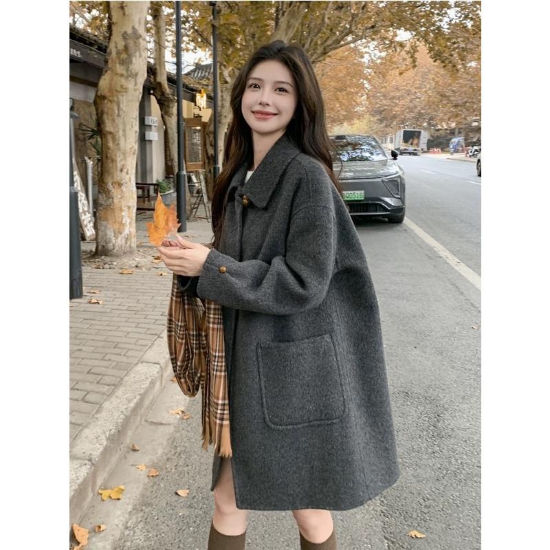 Gray Wool Coat Women Autumn Winter Middle Long Length Petite Pure Color Button Design Outerwear