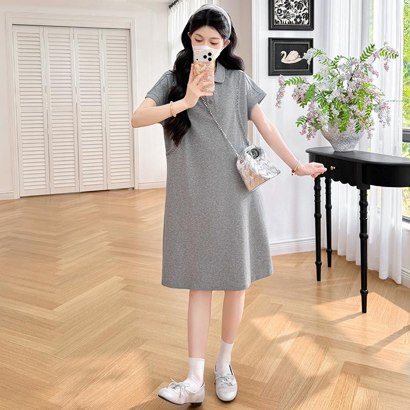 Trendy Korean-Style Summer Maternity Dress - Loose, Casual, Slimming Fit with High-End Lapel Design