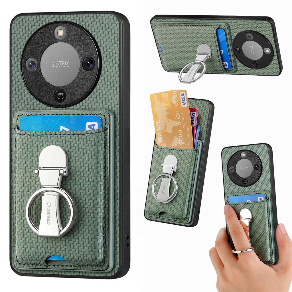 CASENEO Telefondeksel For Honor Magic8 Lite 5G / X9d 5G / X70 5G Lær Bakdeksel med Støtte og Kortplasser Karbonfibertekstur