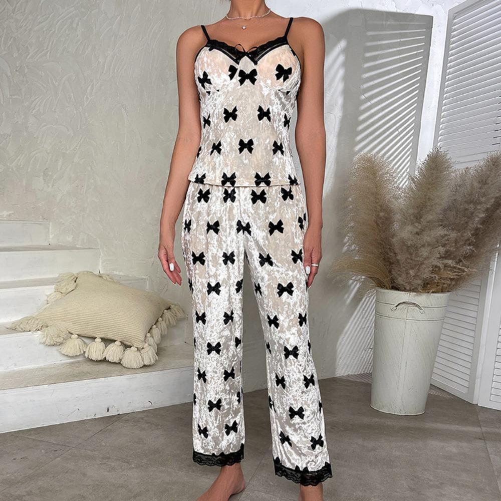 Bow Velvet Suspender Skirt Set Printed Lace Sexy Nightdress
