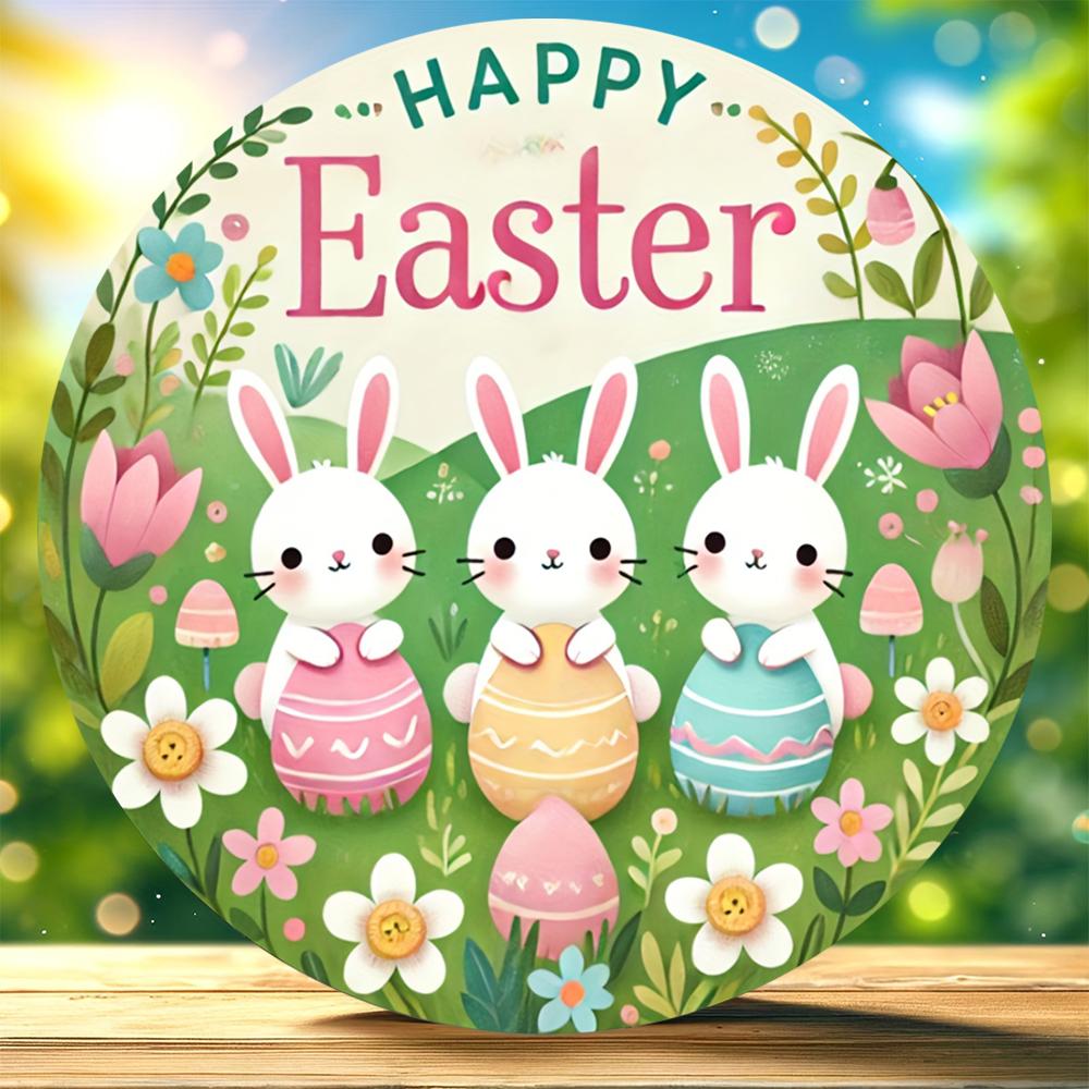 1 Piece of Farmhouse Wooden Easter Logo, 7.87 Inches X 7.87 Inches Round Sign, with Rabbits and Chickens, Festive Wall and Door