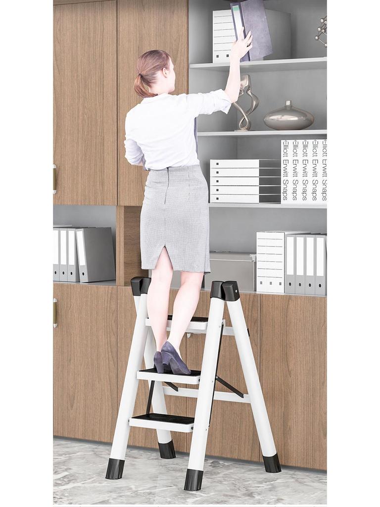 Telescopic Carbon Steel 3-Step Folding Ladder Stool with Storage