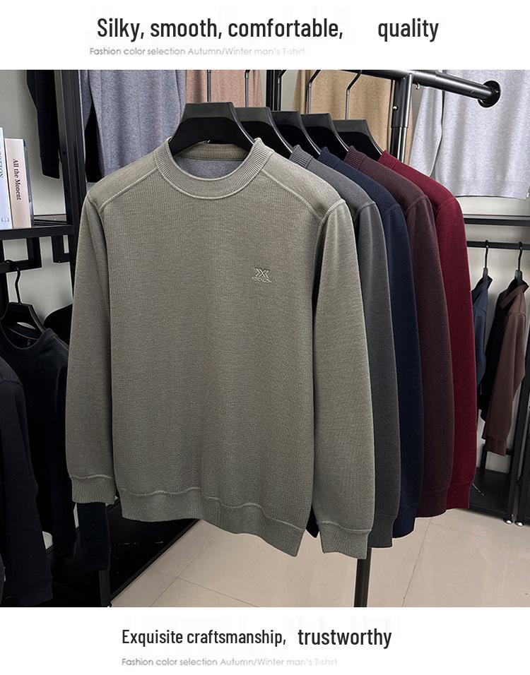 Men's High-Quality Casual Crew Neck Merino Wool Fleece Sweater - Warm, Thickened, Knitted Base Shirt
