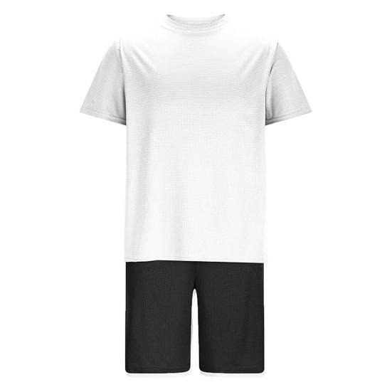 2Pcs/Set Men Sports Suit O-Neck Short Sleeve T-shirt Elastic Waist Wide Leg Shorts Set Solid Color Waffle Fabric Sportswear