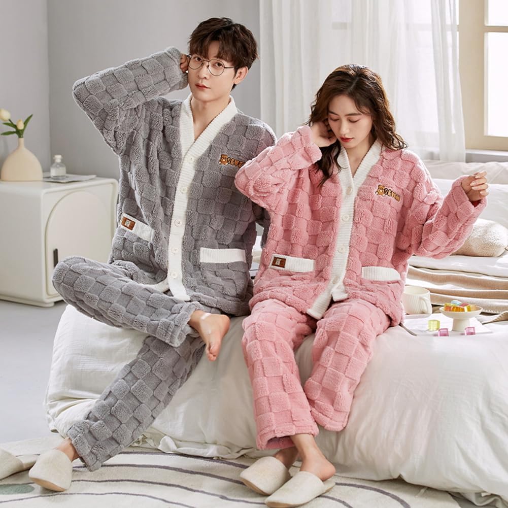 Matching Long Open Top and Bottom Set D.IIZOO Pajamas, Sleeves, Front, Winter, Fluffy, Warm, Cute, Thick, Loungewear, (Size L, Gray)