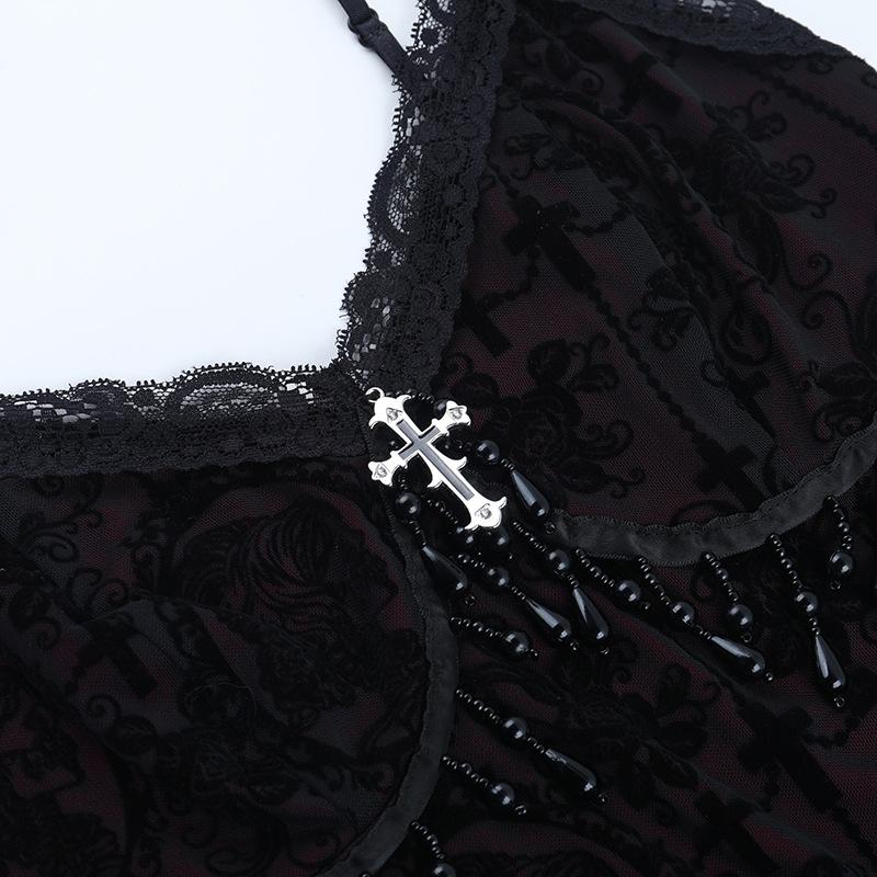 Vintage Mall Gothic Flocking Camisole Women Aesthetic Fairycore Grunge Y2k E-girl Lace Patchwork Beading Crop Tank Tops