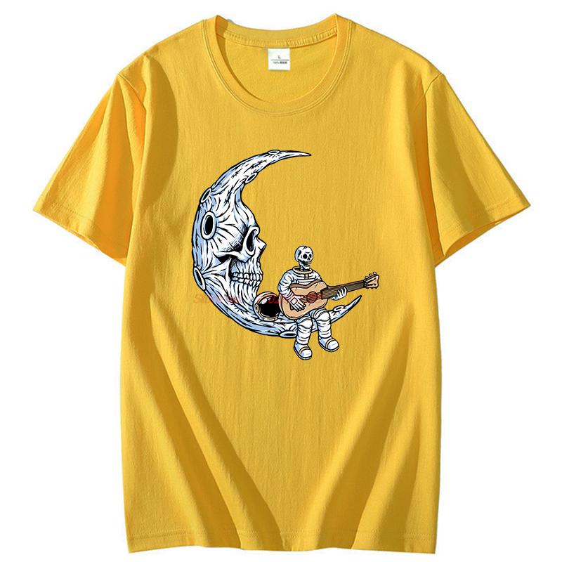 Skeleton Astronaut Guitar On Moon Funny Graphic T Shirts Summer Tees Tops Cotton Short Sleeve Tee Unisex Streetwear T Shirt